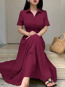 Modelyn Women's Solid Color Minimalist Button-Up Waisted Knee Length Sweater Dress - Burgundy - View 4
