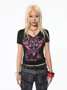 StreetHx 女式哥特式花卉印花水钻 V 领短袖街头紧身 T 恤，朋克风格 V 领复古 T 恤