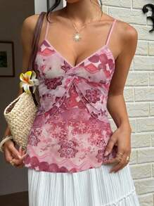 Sunnyshic Ombre Print Ruffled Hem Casual Spaghetti Strap Tank Top, Summer - Dusty Pink - View 4