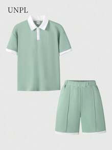 SHEIN Explorewe 2 件套男童超大绿色 Polo 衫，领口和下摆撞色，百搭夏季服装，搭配短裤，适合度假、上学、旅行、街头、嘻哈、音乐节等场合，秋冬 - 彩色 - 查看 5