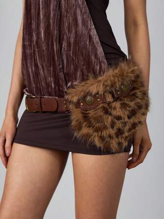 Hippie 1 pieza Cinturón de mujer de cintura con empalmado de piel de leopardo marrón y peludo, decoración para vestidos, jeans, informal y versátil