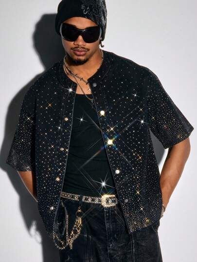 ROMWE Avant Men's Casual Rhinestone Decorated Single-Breasted Short Sleeve Denim Jacket, Summer