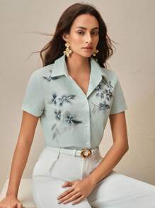 Anewsta Women Elegant Floral Embroidered Short Sleeve Shirt, Versatile For Vacation, Work, Spring/Summer, Festival, Graduation - Mint Green - View 8