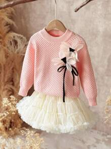 SHEIN Young Girl Pink Autumn Fairy Tutu Skirt Set, 3D Floral Decor Round Neck Pullover & Ruffle Dress With Bow, Comfortable Warm Young Girl Knitted Outfit - Pink - View 5