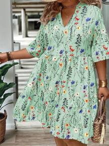 EMERY ROSE Plus Size Women's Summer Branch Floral V-Neck Ruffle Hem Loose Dress - Green - View 6