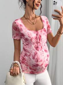 Momance Printed Mesh Square Neck Tie Front Short Sleeve Casual Maternity T-Shirt - Pink - View 1