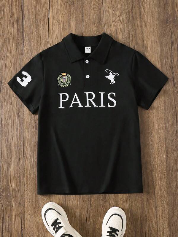 Boys' Casual Comfortable American Style Collegiate Letter Print Polo Shirt