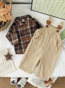 SHEIN 2 pezzi/set Camicia a maniche lunghe con colletto e pantaloni salopette con ricamo a testa d'orso sulla tasca, adatto per bambino unisex, adatto per primavera e autunno, uso quotidiano, viaggi, attività all'aperto, ritorno a scuola, abbigliamento neonato, salopette in velluto a coste per bambino, outfit autunnale per bambino 3M-3T, tutina per neonato, set tutina per neonato - Multicolore - Visualizzare 4