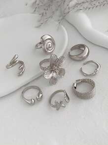 ROMWE Goth 8pcs Fashion Ocean-Inspired Metal Ring Set, Glossy Starfish Shell Flower Geometric Rings, Gift For Women/Daughter/Wife - Silver - View 4