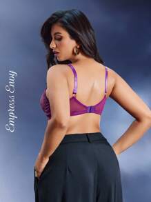 SHEIN 大码蕾丝蝴蝶结装饰胸罩无钢圈胸罩，内衣 - 紫色 - 查看 2