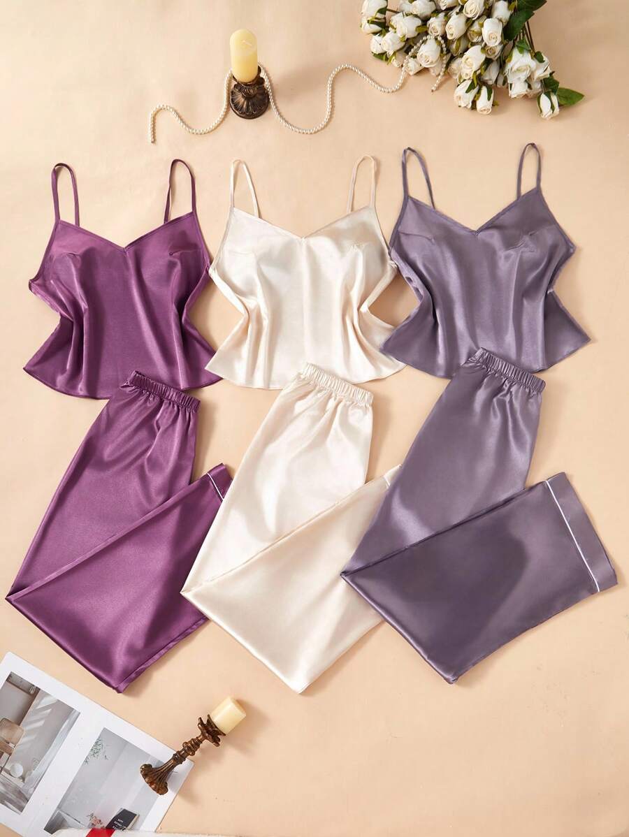 SHEIN 2件套女士纯色仿丝吊带背心和宽松裤休闲套装 - 彩色 - 查看 1