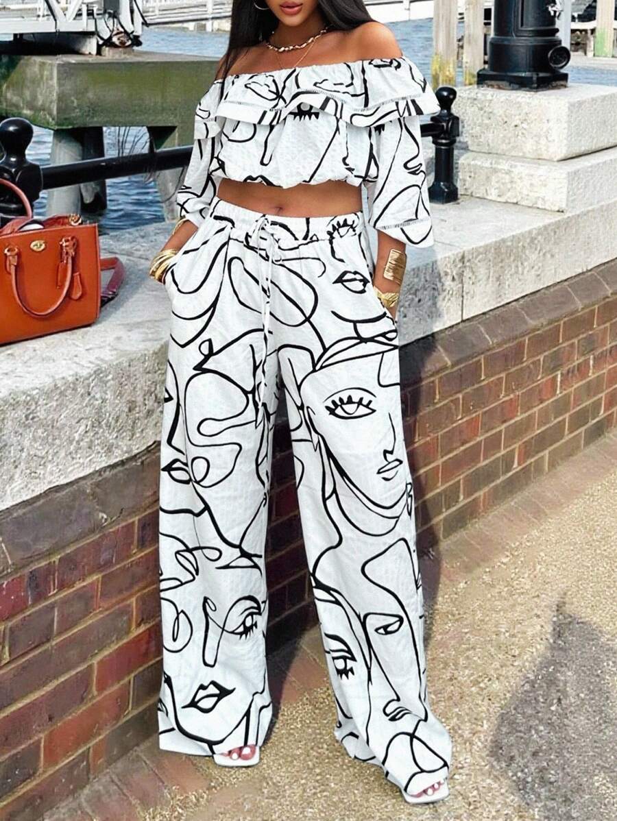 SHEIN 2件套大码女式露肩上衣和阔腿裤套装 - 彩色 - 查看 1