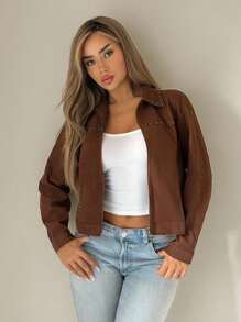 SHEIN ICON Loose Casual Rivet Decor Women Jacket In Fall/Winter - Brown - View 1