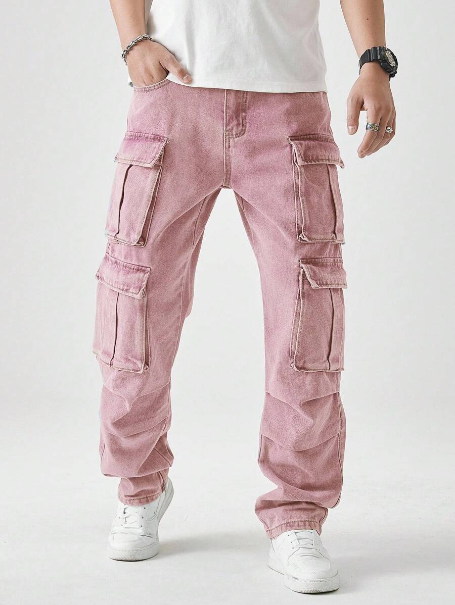 Chillumni 现代男士粉色宽松阔腿牛仔工装裤 - 长款休闲裤，配有实用侧袋 - 粉色 - 查看 1