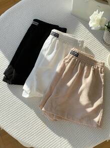 Comfortcana 3 件套多色秋季新品女士休闲斯德哥尔摩风格字母印花短裤夏季女士舒适柔软罗纹短裤，返校 - 彩色 - 查看 4