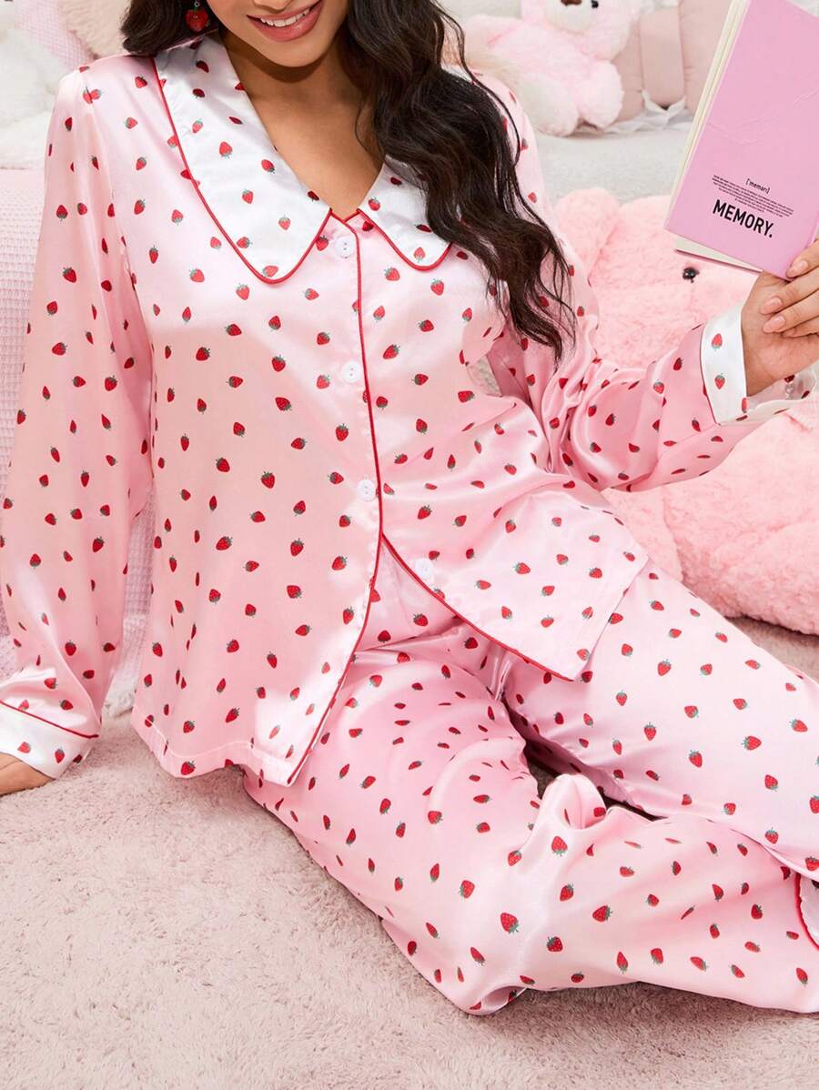 SweetSlumber Women's Sweet Strawberry Print Contrast Color Collar Long Sleeve Pajama Set - Multicolor - View 1
