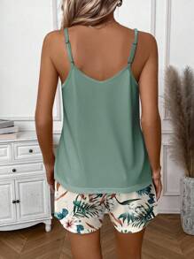 EMERY ROSE Conjunto Casual e Elegante de Mulher com Top Folgado Alça Fina e Decote em V e Shorts Folgados, Adequado para Verão, Férias, Estampa Floral/Folhagem Tropical - Multicolorido - Visão 2