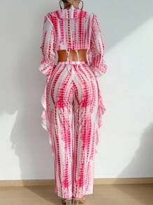SHEIN Set de 4 piezas con top con cordones vintage + cárdigan corto con volantes + tanga + pantalones con volantes, conjunto de lencería sexy - Rojo y blanco - Ver 2