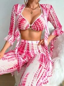 SHEIN Set de 4 piezas con top con cordones vintage + cárdigan corto con volantes + tanga + pantalones con volantes, conjunto de lencería sexy - Rojo y blanco - Ver 3
