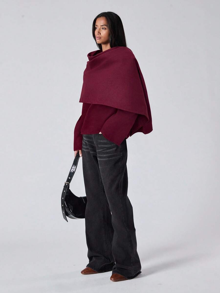 优雅的安卡拉红色羊毛斗篷大衣，秋冬 - 中紫紅色 - 查看 1