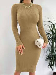SHEIN Cottnline 女款圓領長袖紋理毛衣連身裙 - 駝色 - 查看 6