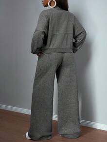 Slaydiva 2pcs Women 2025 Autumn/Winter Rock Festival Nomad Elegant Zipper Collar Long Sleeve Jacket & Straight Leg Sweatpants Set, Gray Acid-Washed Effect Grey Two Pieces Set Women Comfortable Two Pieces Set Women Grey 2 Pieces Sweatsuit - Grey - View 2