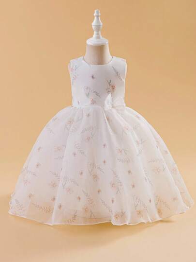 Glamorique Kids 女童公主裙、花童裙、生日派对礼服、婚礼礼服、节日礼服、前系蝴蝶结、白色薄纱、婚礼宾客正式礼服、优雅婚礼宾客礼服、婚纱、婚礼活动礼服、婴儿生日礼服、女婴生日礼服、数码印花、无袖、四季皆宜、中东、欧洲和美国