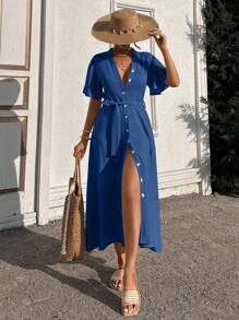 EURMUSE Ruffle Sleeve Crew-Neck Buttoned Maxi Dress With Shell Belt - Blue - View 5