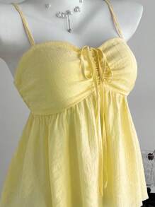 Camiseta de tirantes con volantes de unicolor lindo para damas, ropa de verano para la universidad - Amarillo 2 - Ver 3