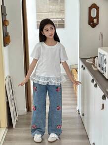 Tween GirlsLight Washed Denim Jeans With Sweet Embroidered Butterfly & Cherry Blossom Patterns, Comfortable Casual Outdoor Elastic Waist Wide-Leg Pants