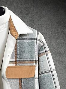 Manfinity Homme Men's Casual Street Plaid Print Flap Pocket Drop Shoulder Loose Overcoat, Old Money Style , Fall , Corduroy