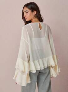 2026 Blusa de manga acampanada de unicolor elegante para la oficina y el ir y venir para mujeres - Albaricoque - Ver 7