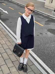 青少年女孩纯色单排扣背心、长袖衬衫和中长裙休闲装 - 藏蓝色 - 查看 5