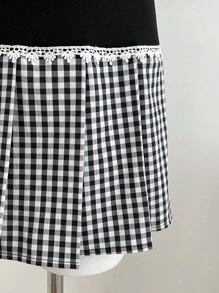 SHEIN Unity 女式休闲格子褶皱领拼接荷叶边修身迷你短袖连衣裙 - 黑色 - 查看 3