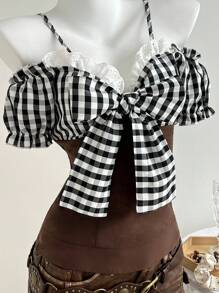 SHEIN Unity Áo sơ mi nữ tay ngắn thanh lịch, bo gấu, họa tiết kẻ caro - Nhiều màu - Xem 4