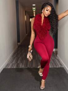 BamGleam Christmas Rave Party  Women's Solid Color Furry Turtleneck Bodycon Jumpsuit - Burgundy - View 3