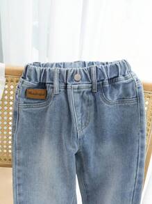 SHEIN Playful Pals Denimly 男童淺藍色牛仔褲，寬鬆版型鬆緊腰長褲，適合返校季、夏季、80年代風、職業日、學校與戶外玩耍 - 中等水洗藍 - 查看 4