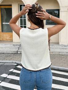 SHEIN Frenchy Women's White And Brown Contrast-Trim Knitted Sweater Vest,Autumn Paris Brunch Casual Old Money Style,Business Office Fall Tops For Women - Multicolor - View 5