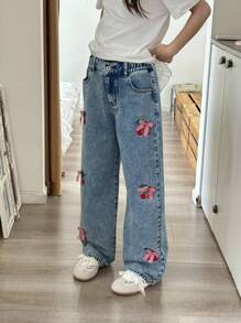 Tween GirlsLight Washed Denim Jeans With Sweet Embroidered Butterfly & Cherry Blossom Patterns, Comfortable Casual Outdoor Elastic Waist Wide-Leg Pants