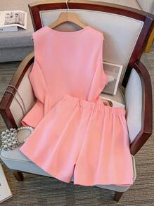 GlowEve CURVE Plus Size Elegant Solid Color Tank Top & Mini Skorts 2 Pieces Set, Summer - Pink - View 2
