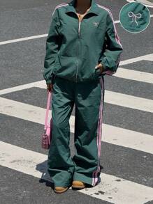 Muchica Conjunto de dos piezas para mujer de chaqueta y pantalones deportivos con bloqueo de color y diseño a rayas tejidos