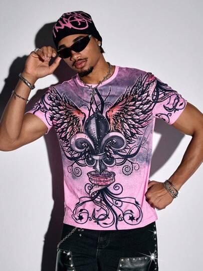 ROMWE Avant Camiseta de manga corta con cuello redondo, con aplicaciones de piedras de fantasía y efecto desgastado, para hombre, estilo urbano