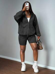 SHEIN Slayr 2025 Summer Autumn And Winter New Casual Loose Black And Gray Snow-Washed Fabric Hooded Cardigan Long Sleeve Sweater + Short Sweatpants Women Two Pieces Set, Suitable For Daily Travel, Shopping, Back To School, Graduation, Brunch Outfit, Airport Outfit, Friends Gathering, Sports And Casual Outfit-A Women 2 Pieces Shorts Set Two Pieces Hoodie Set Women Women Sweatsuit Set - Black - View 6