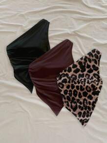 Soleia Bộ 3 áo họa tiết da báo gợi cảm, áo cánh cổ bất đối xứng viền bất đối xứng màu trắng, đen và nâu, phù hợp với phong cách mùa hè và bãi biển - Nhiều màu - Xem 3