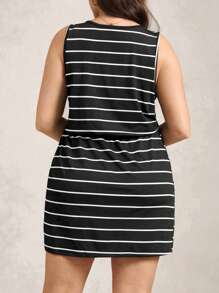 Zelara Plus Size Holiday Outfits Women's Summer Cozy Fit Black And White Striped Relaxed Outfit Round Neck Sleeveless Slouchy Casual Style Waist Tie Casual Fashion Women's Chillax Dress Sundress
