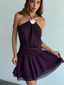 Aloruh Women's Dark Purple Summer Casual Mini Halter Neck Dress,Metal Shell Decor Ruched Chiffon Vacation Holiday Beach Outfits Wedding Guest Dress - Purple - View 2