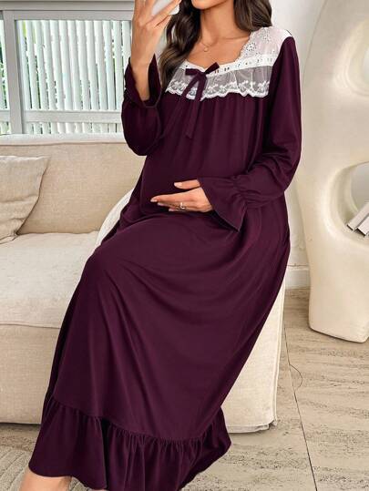 Moonlight&Mama Gravidliv Casual Broderi Volang Patchwork Fyrkantig Halsringning Långärmad Stickad Nattlinne, Höst, Vinter