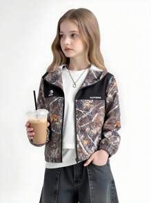Explorewe 1 件 Tween 女童夹克简约休闲风格和户外迷彩拼布夹克标准连帽版常规厚度适合徒步旅行和短途户外探险春秋夏季时尚迷彩纹理面料柔软舒适 - 彩色 - 查看 3