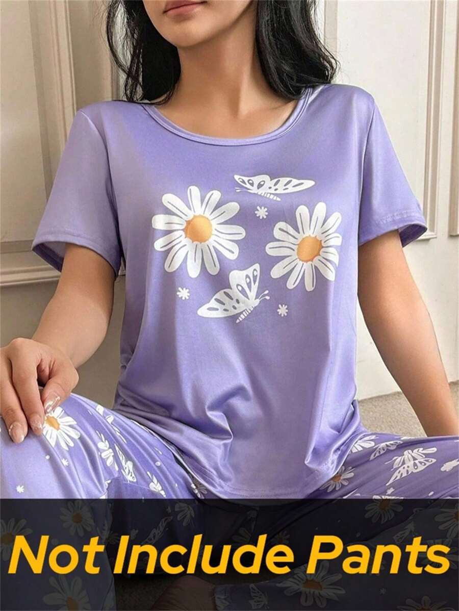 SHEIN 1pc Women Daisy Positioning Minimalist Casual Short Sleeve Pajama Top - Purple - View 1