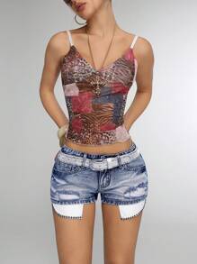 Jeanoix 女式性感火辣低腰破洞牛仔短裤 - 中等水洗藍 - 查看 7